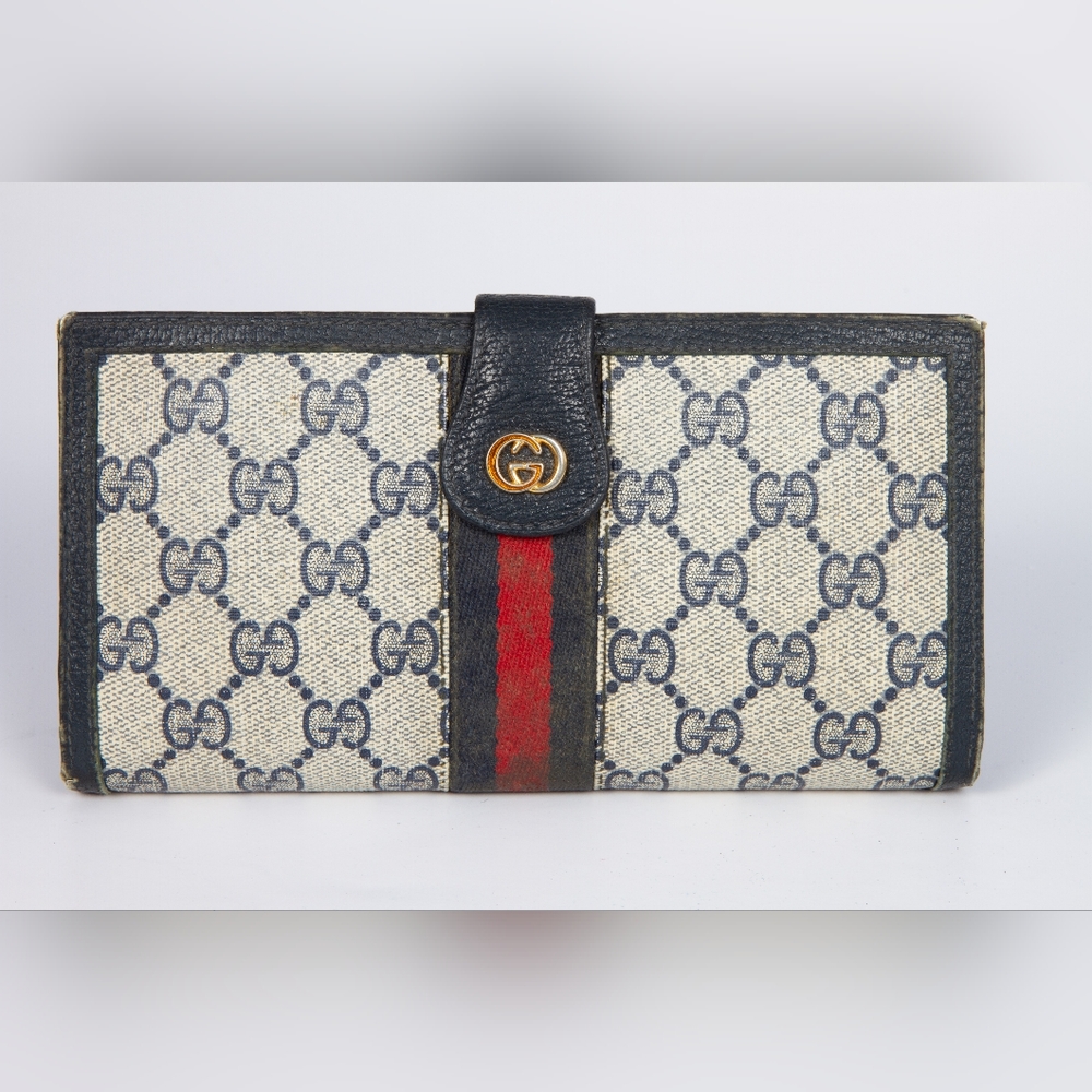 Vintage Gucci Blue Wallet Canvas & Leather Card Holder, Coin Purse, Bills 1970?